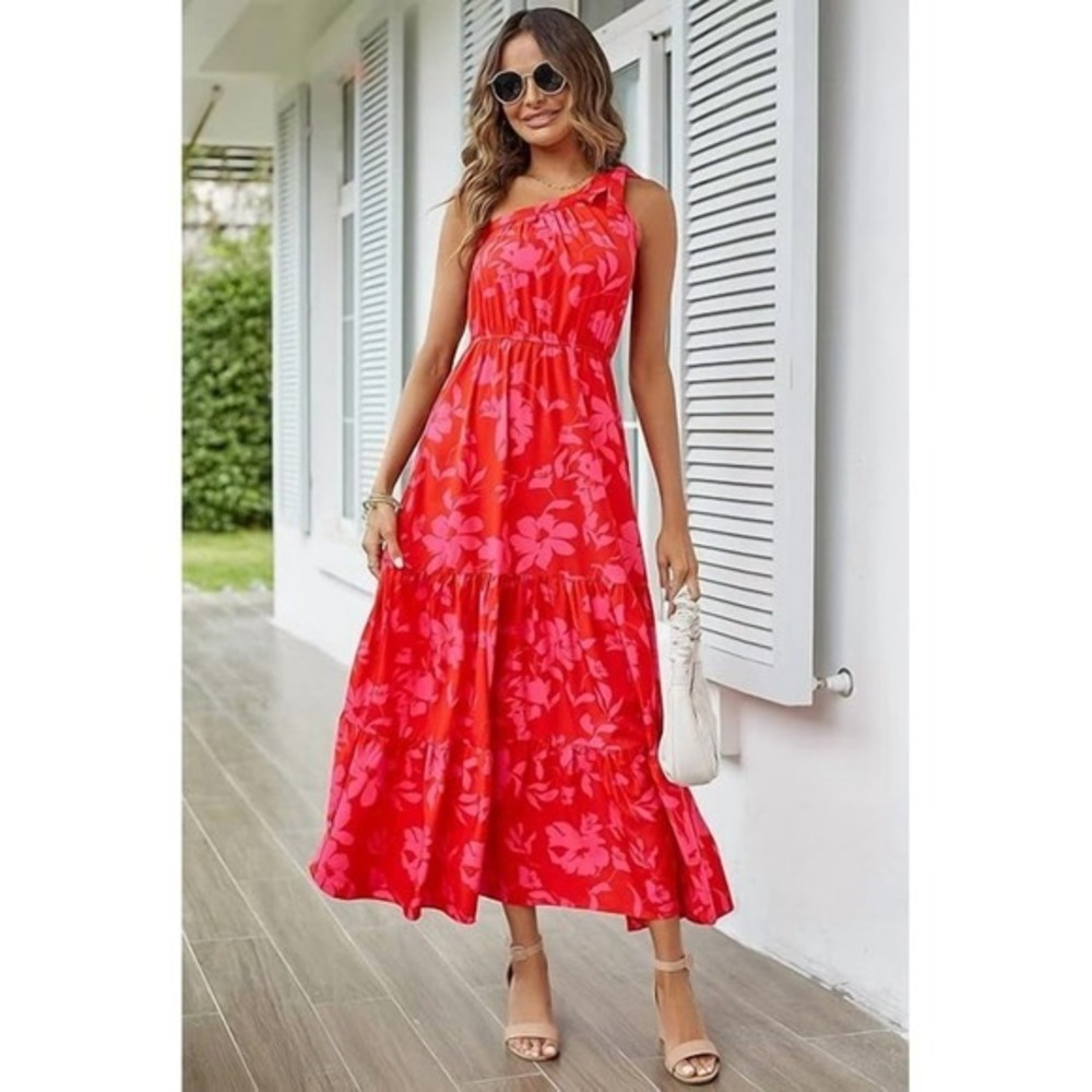 PrettyGarden- Red Floral One Shoulder Maxi‎ Dress Elastic Waist Summer Vacation